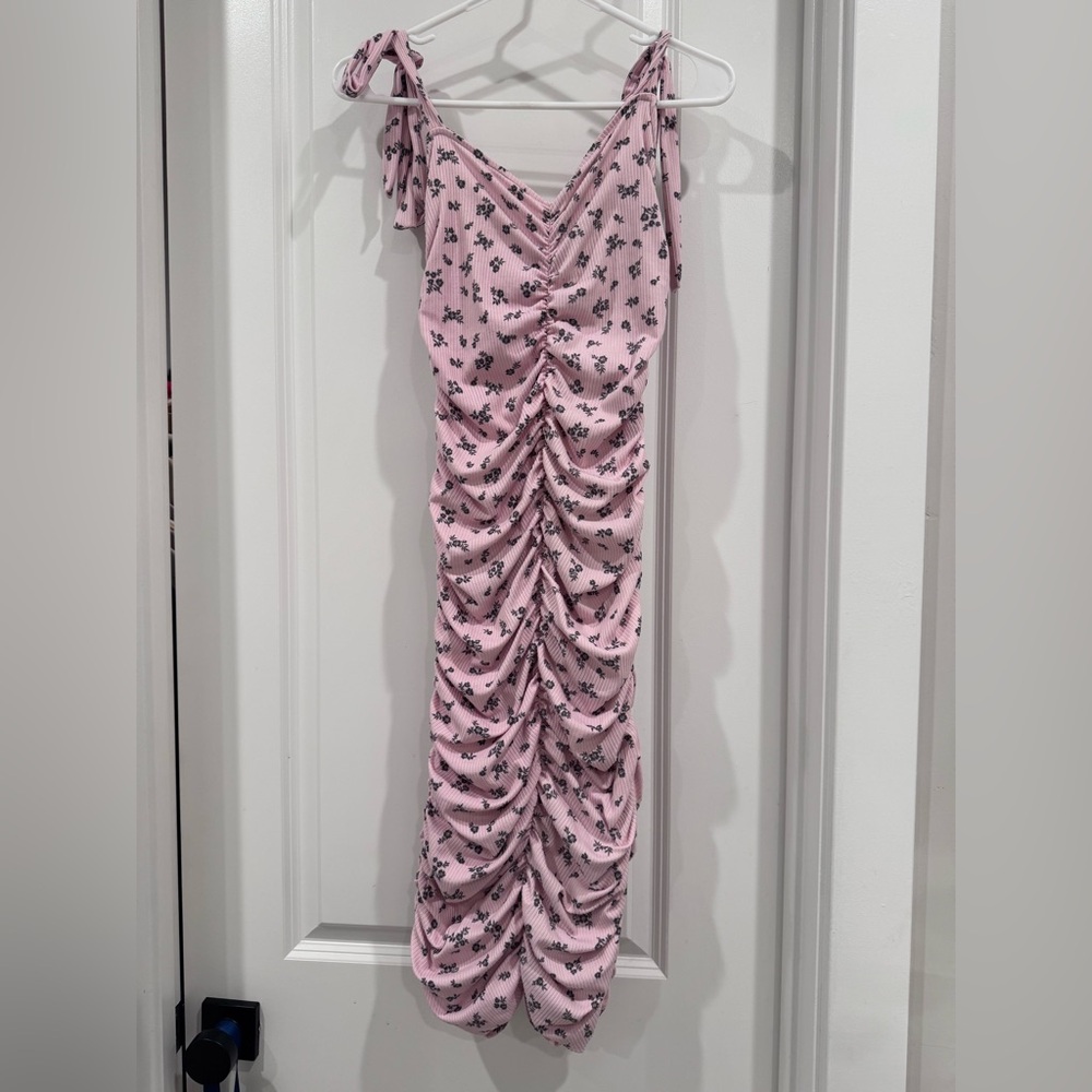 Pink Floral Midi Ruched Dress